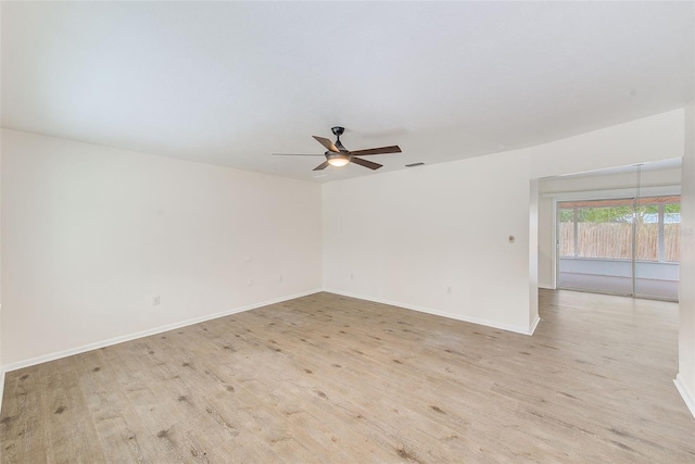 unfurnished room with ceiling fan and light hardwood / wood-style flooring