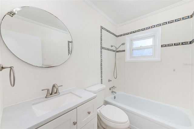 full bathroom with toilet, vanity, ornamental molding, and shower / tub combination