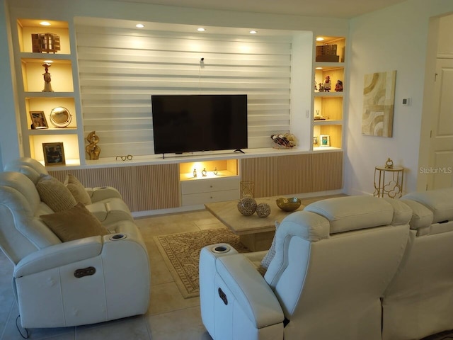 tiled living room with built in features