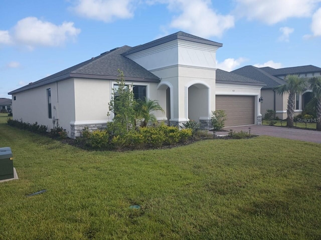 621 San Augusto Dr, Poinciana, FL 34759 - view of front of property featuring driveway, roof with shingles, a front yard, an attached garage, and stucco siding
