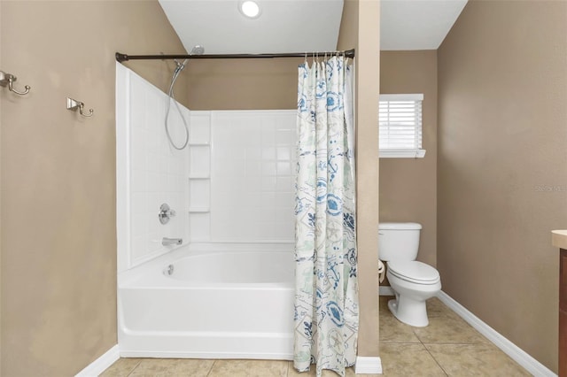 bathroom featuring toilet, tile patterned flooring, and shower / bath combination with curtain