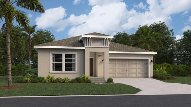 view of front of home with a front lawn and a garage