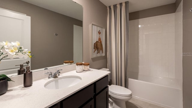 full bathroom with toilet, tile patterned flooring, shower / bathtub combination with curtain, and vanity