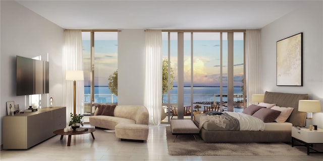 bedroom with a water view, expansive windows, and multiple windows