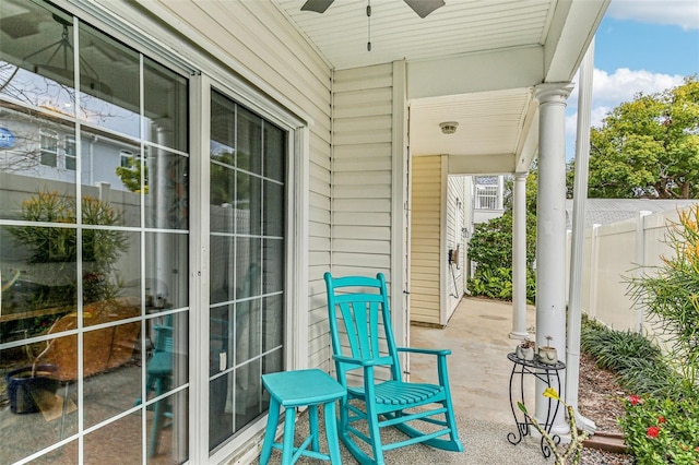 view of patio with a porch and ceiling fan