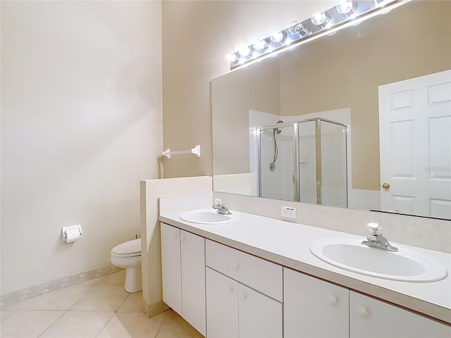 bathroom with a shower with door, tile patterned flooring, vanity, and toilet