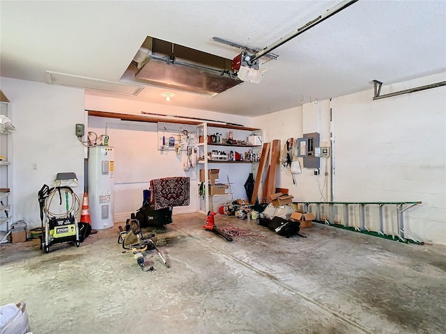 garage featuring water heater and electric panel