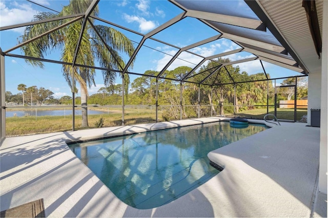 view of pool featuring a lanai, a patio area, and a water view