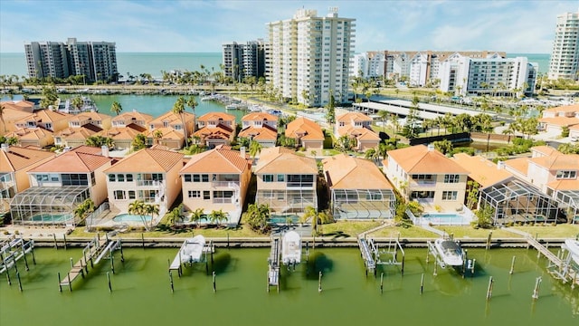 aerial view featuring a water view