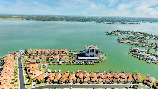 drone / aerial view featuring a water view