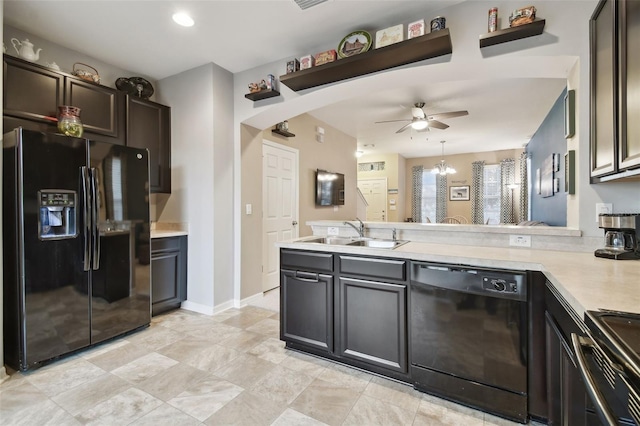 kitchen featuring black appliances, sink, ceiling fan, kitchen peninsula, and dark brown cabinets