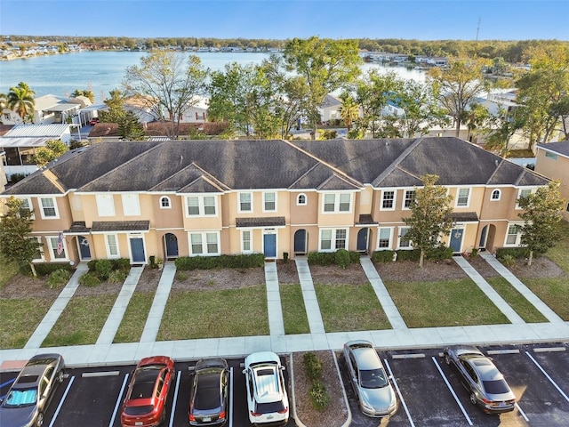 bird's eye view with a water view