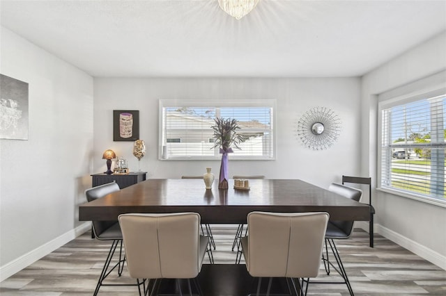 dining room featuring wood-type flooring, a wealth of natural light, and a chandelier