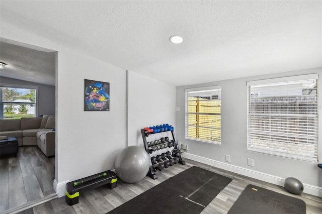 workout area featuring hardwood / wood-style flooring, a textured ceiling, and vaulted ceiling