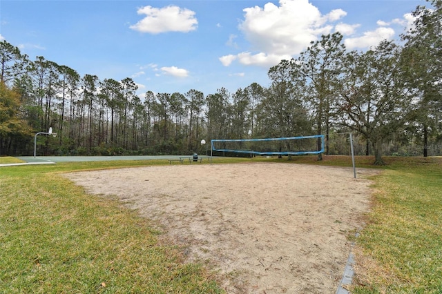 surrounding community with a lawn and volleyball court