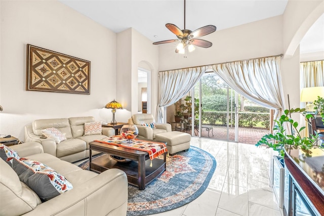 living room with ceiling fan