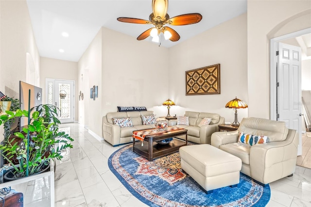 living room featuring ceiling fan