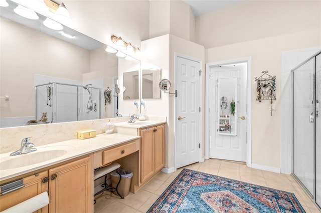 bathroom with vanity, a shower with door, and tile patterned floors