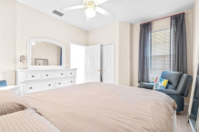 bedroom with ceiling fan, a closet, and light wood-type flooring