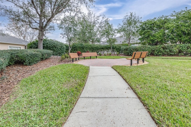 view of community featuring a patio area and a lawn