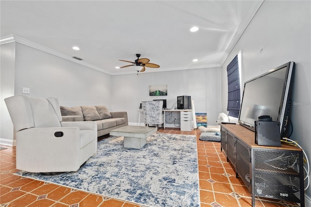 living room with ceiling fan and crown molding