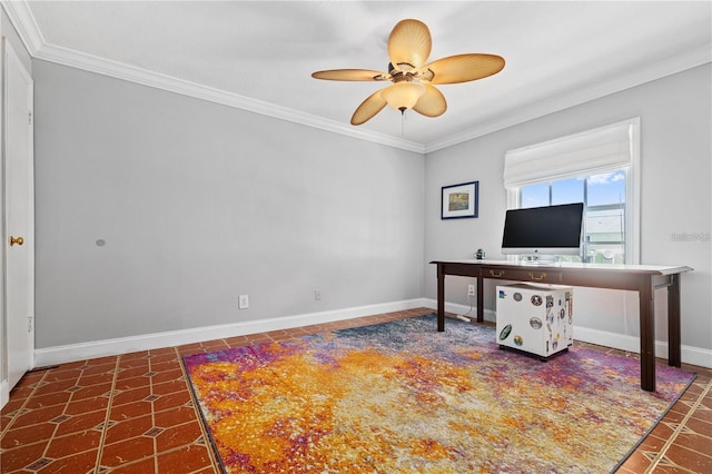 home office with ceiling fan and crown molding