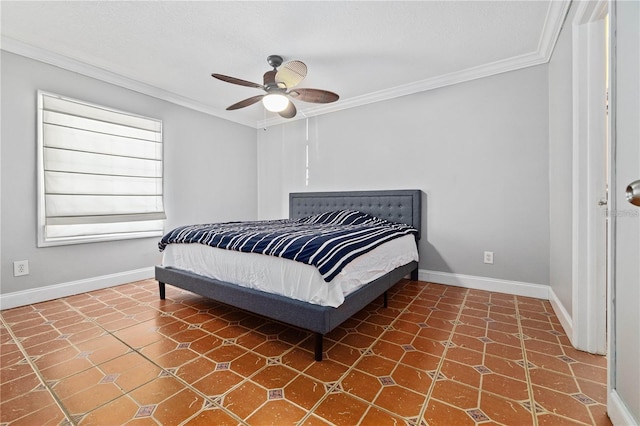 tiled bedroom with ceiling fan and ornamental molding