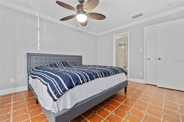 tiled bedroom with ornamental molding, ceiling fan, and connected bathroom