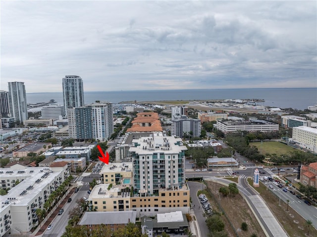 drone / aerial view featuring a water view