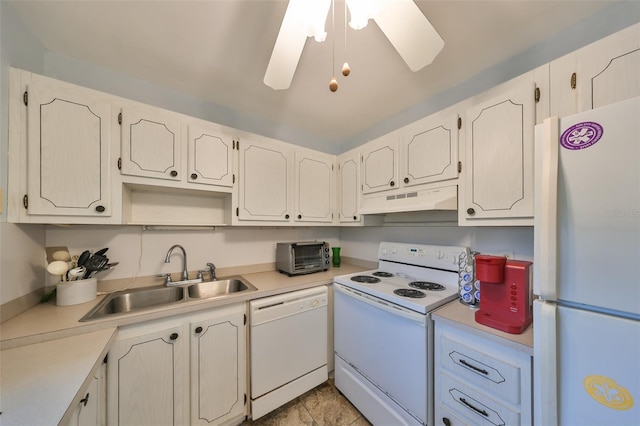 kitchen with sink, white appliances, ceiling fan, and white cabinets