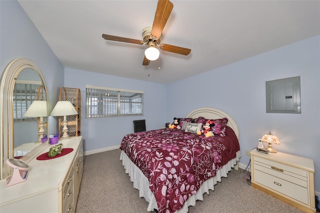 bedroom with electric panel, ceiling fan, multiple windows, and light colored carpet