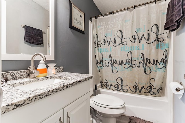 full bathroom featuring a textured ceiling, toilet, shower / bath combination with curtain, and vanity