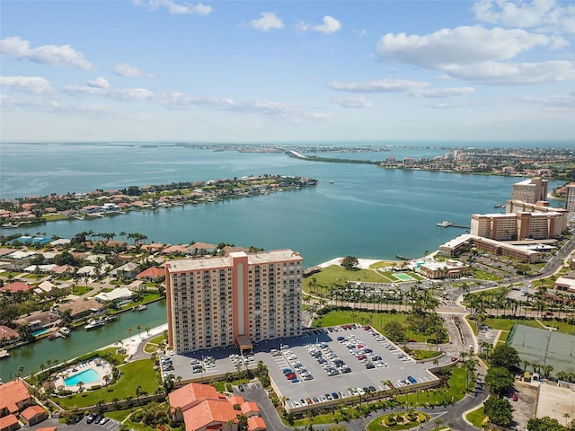 birds eye view of property featuring a water view