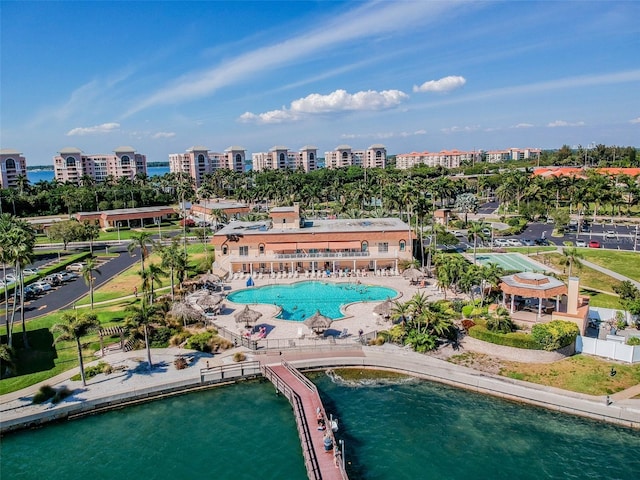 aerial view featuring a water view