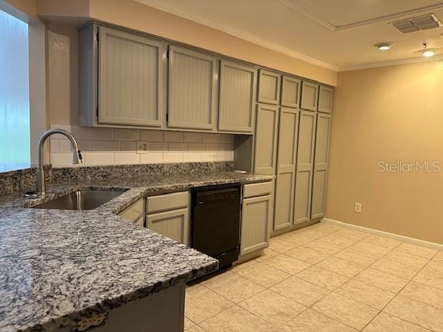 kitchen featuring sink, dishwasher, dark stone countertops, tasteful backsplash, and crown molding