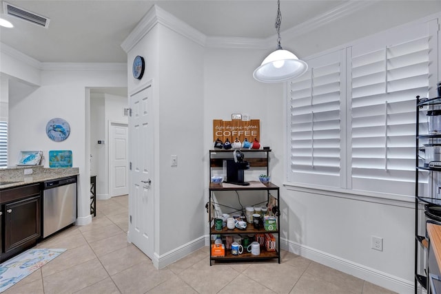 kitchen with stainless steel dishwasher, ornamental molding, dark brown cabinets, and light tile patterned flooring