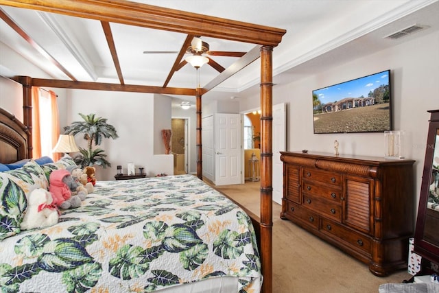 bedroom featuring ceiling fan, crown molding, and light carpet