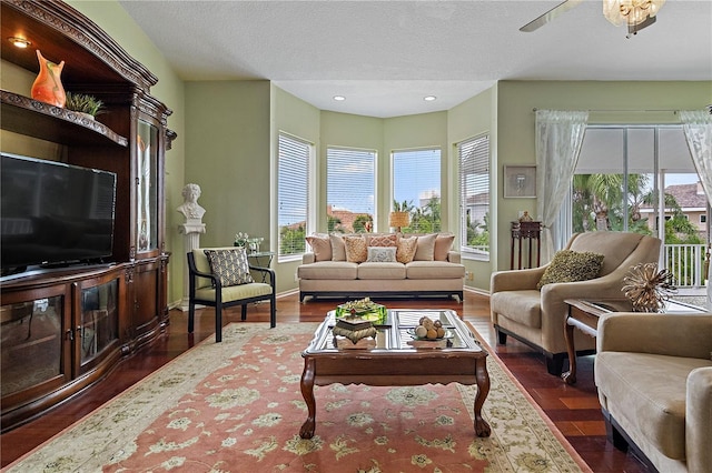 living room featuring a textured ceiling and dark hardwood / wood-style flooring