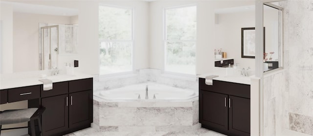 bathroom featuring separate shower and tub, a healthy amount of sunlight, and vanity