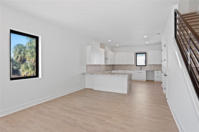 kitchen featuring white cabinets, decorative backsplash, plenty of natural light, and kitchen peninsula