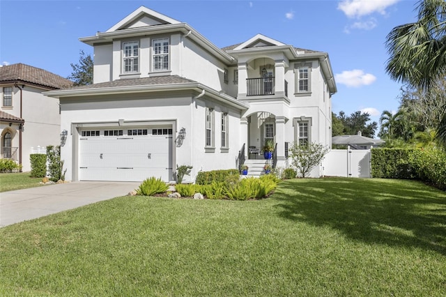 view of front of home with a front yard, a balcony, and a garage