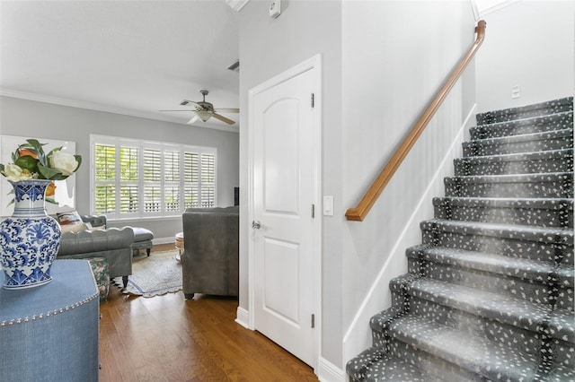 stairway with ceiling fan, ornamental molding, and hardwood / wood-style floors