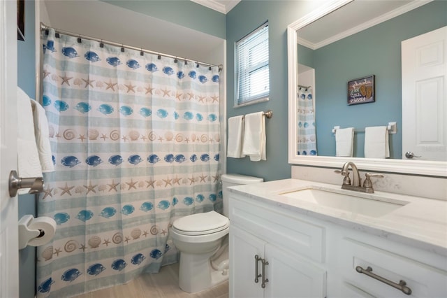 bathroom with hardwood / wood-style flooring, toilet, vanity, and ornamental molding