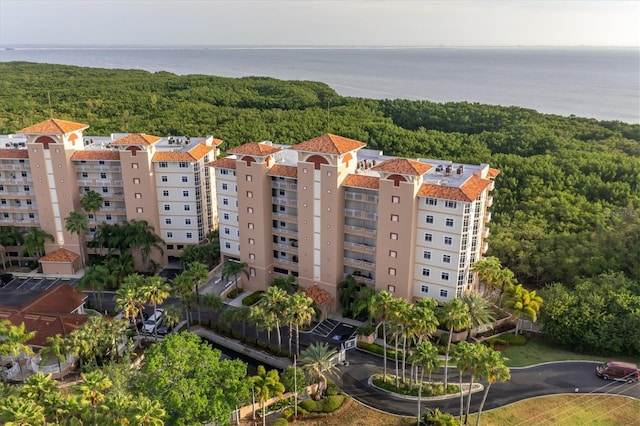 view of building exterior with a water view