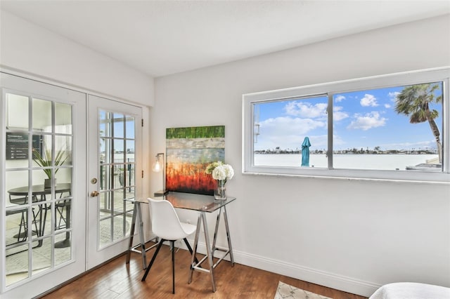 office space with dark wood-type flooring, french doors, and a water view