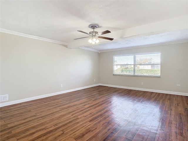 unfurnished room featuring crown molding, ceiling fan, and dark hardwood / wood-style floors