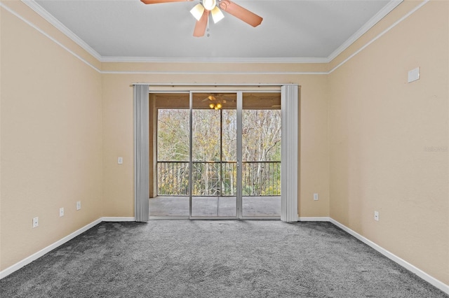 unfurnished room with ornamental molding, ceiling fan, and carpet flooring