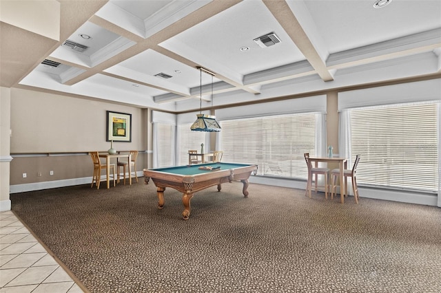 playroom featuring light tile patterned flooring, billiards, coffered ceiling, and beam ceiling