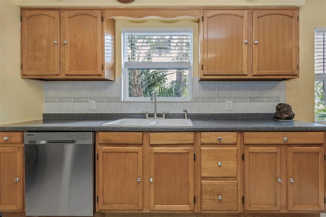 kitchen featuring a sink, decorative backsplash, stainless steel dishwasher, and dark countertops