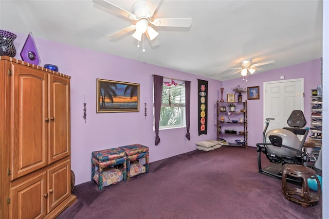 miscellaneous room featuring ceiling fan and dark colored carpet